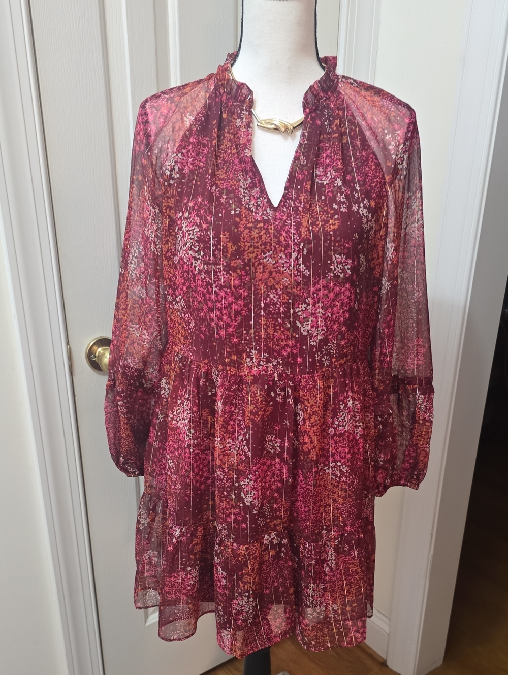 MSK BRAND WOMEN'S BURGUNDY FLORAL LONG SLEEVES DRESS SIZE SMALL